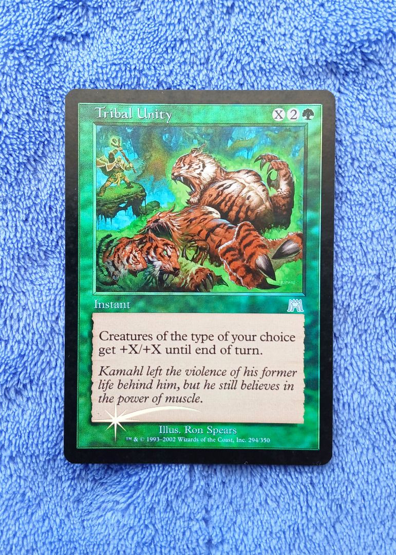 Tribal Unity Foil Version Onslaught Magic the Gathering TCG Card (Category: Raw Singles) located in Iloilo. Submitted by jrmagallanes78 (Listing ID 1435056532, Image 2). Description: PhP 500 per card. Card is UNSEALED and UNPLAYED and in EXCELLENT condition. Product Line: Magic the Gathering Trading Card Game Set/Expansion: Onslaught ONS Card condition grading: EXC (EXCEPTIONAL) - unsealed and placed directly to sleeve and/or binder EX (EXCELLENT