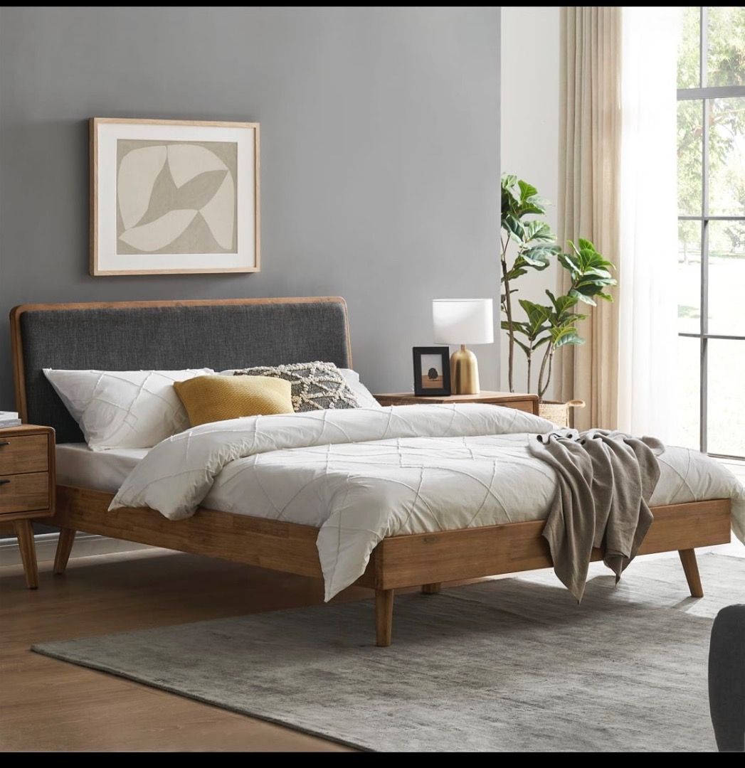 Wooden Bed Frame with Fabric Headboard