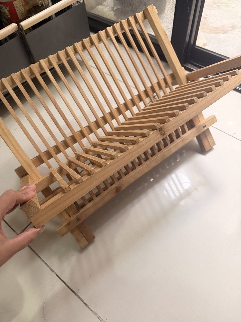 Wooden Dish Rack (Category: Other Kitchenware & Tableware) located in Quezon City. Submitted by araezekiel (Listing ID 1435041641, Image 2). Description: - Wooden dish rack - Foldable for easy storage - Natural wooden finish - Sturdy design - Perfect for drying dishes -aesthetic Bought in gourdos. Need lang ng punas.