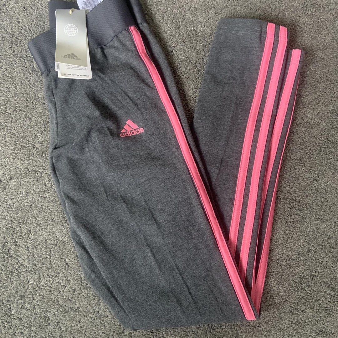 BNEW W/TAG Adidas 3-Stripes Leggings - Grey/Pink (Category: Activewear) located in Rizal. Submitted by vivistwin (Listing ID 1429856474, Image 2). Description: - brand new with tag - no flaws FLATLAY MEASUREMENTS length: 35in. garterized waist: (13in. not stretched).