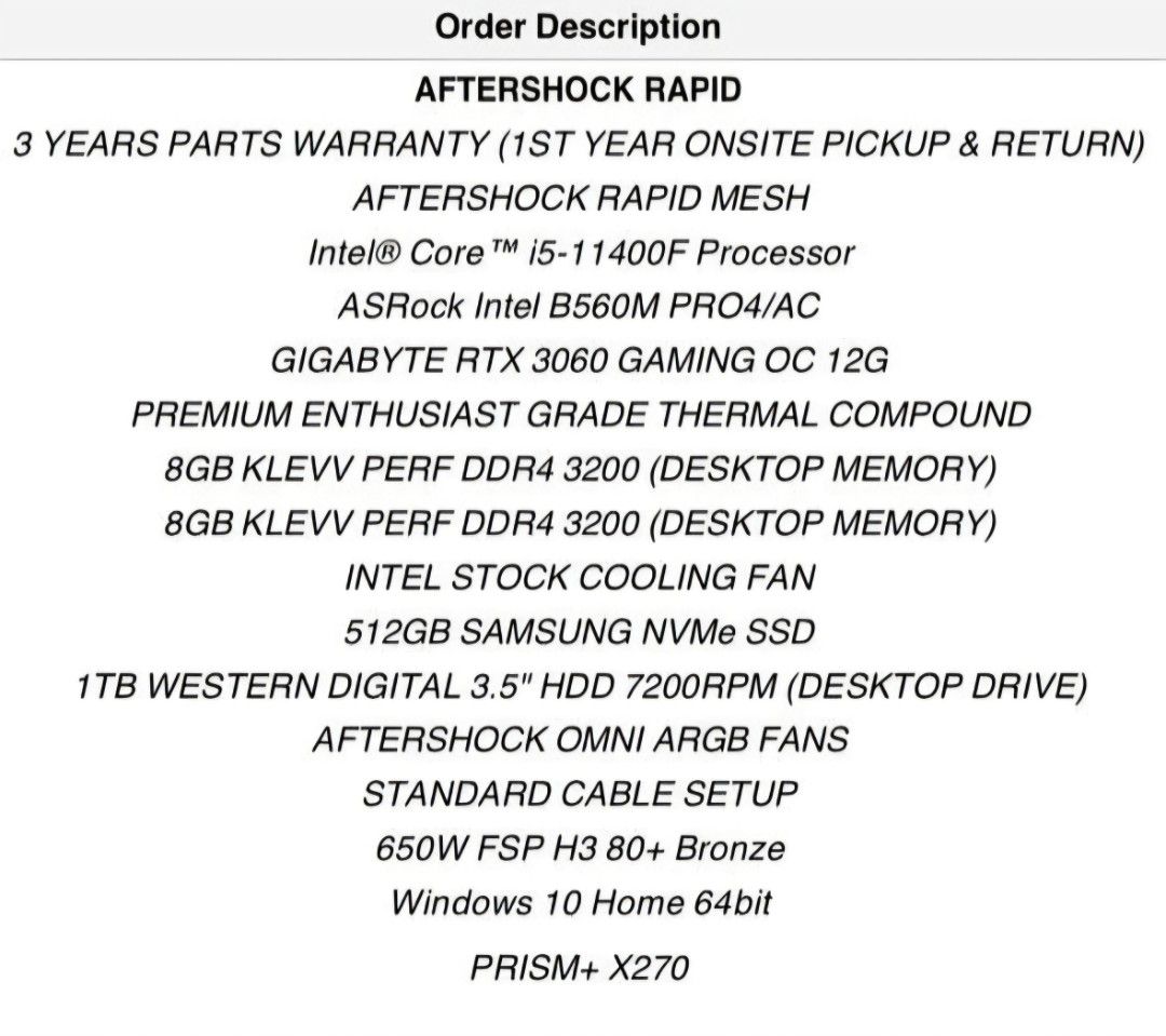 Aftershock Rapid Gaming PC - RTX 3060419592632869867522