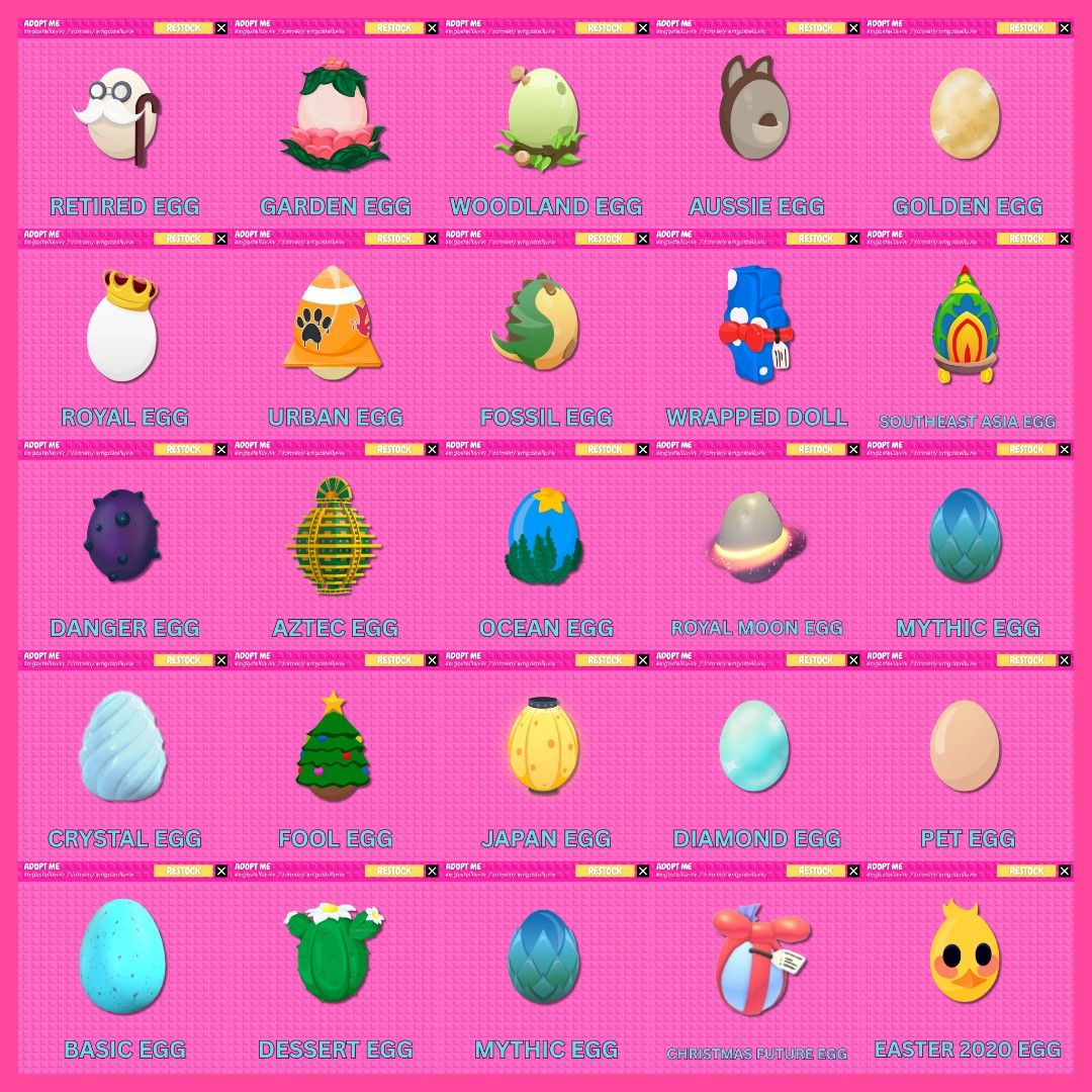 ALL EGGS ADOPT ME ROBLOX AVAILABLE AZTEC AUSSIE CRACKED RETIRED (Category: In-Game Products) located in Cavite. Submitted by kawaiigaming (Listing ID 1429844944, Image 1). Description: 𝓱𝓲 .ᐟ 𝓲𝓽'𝓼 𝓴𝓪𝔀𝓪𝓲𝓲𝓰𝓪𝓶𝓲𝓷𝓰 .ᐟ 🎀 AZTEC EGG - 3 EA ( SALE ) MYTHIC EGG - 40 EA PET EGG - 5 EA MOON EGG - 5 EA CRACKED EGG - 5 EA RETIRED EGG - 7 EA ROYAL EGG - 5 EA GARDEN EGG - 5 EA URBAN EGG - 40 EA OCEAN EGG - 17 EA DANGER EGG - 17 EA DESERT EGG - 1