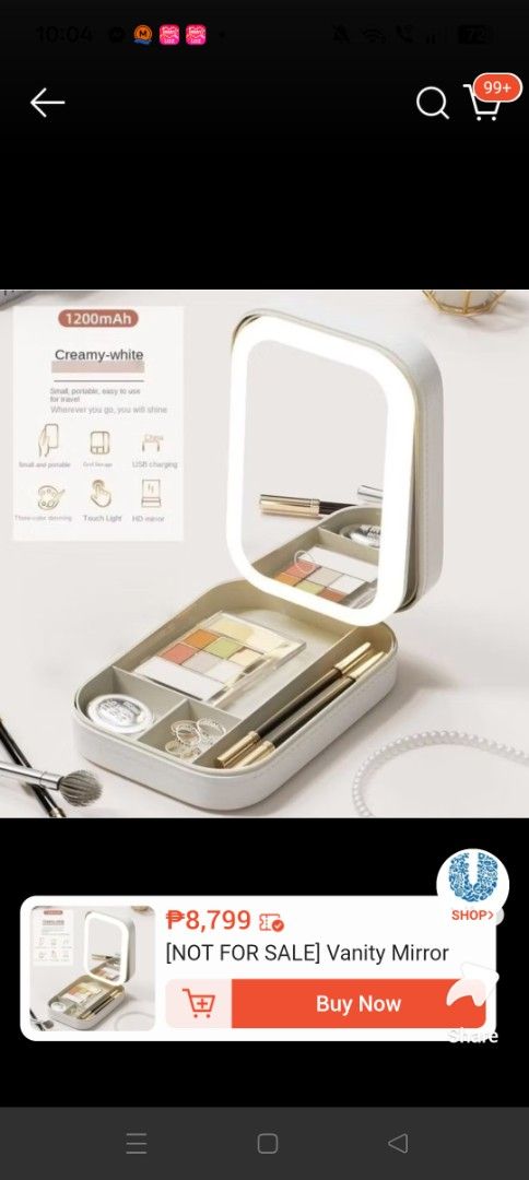 Creamy-white Vanity Mirror with LED Light (Category: Mirrors) located in Cavite. Submitted by lovemama.shop (Listing ID 1430019034, Image 1). Description: Creamy-white vanity mirror features a built-in LED light and a 1200mAh battery. It includes compartments for organizing makeup and accessories. The mirror is designed for portability and convenience, making it ideal for travel or everyday use. It has a sleek design and is perfect for applying m