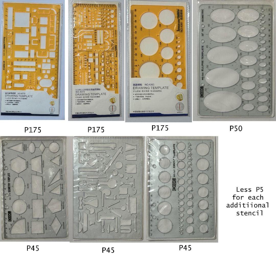 Drawing Stencils / Templates (Category: Craft Supplies & Tools) located in Quezon City. Submitted by aster10 (Listing ID 1429909718, Image 1). Description: Translucent/Transparent stencils for geometry, drafting, drawing, engineering. Choices (less 5 for each additional order) - 175 = 1:50 Interior Design - 175 = 1:100 1:200 Interior Design - 175 = Circles - 50 = Ellipse - 45 = Geometry - 45 = Chemistry - 45 = Circles Jinsihou templates are 189 f