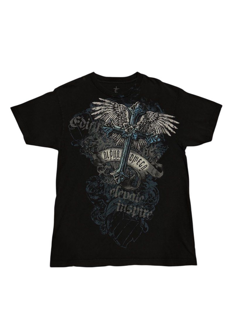 Edify Graphic Tee (Category: Tshirts & Polo Shirts ) located in Pasig City. Submitted by peter_german (Listing ID 1429942778, Image 1). Description: Good condition. Black graphic tee with winged cross front print. Clean overall and easy to wear. W: 20.5 inches L: 29 inches.