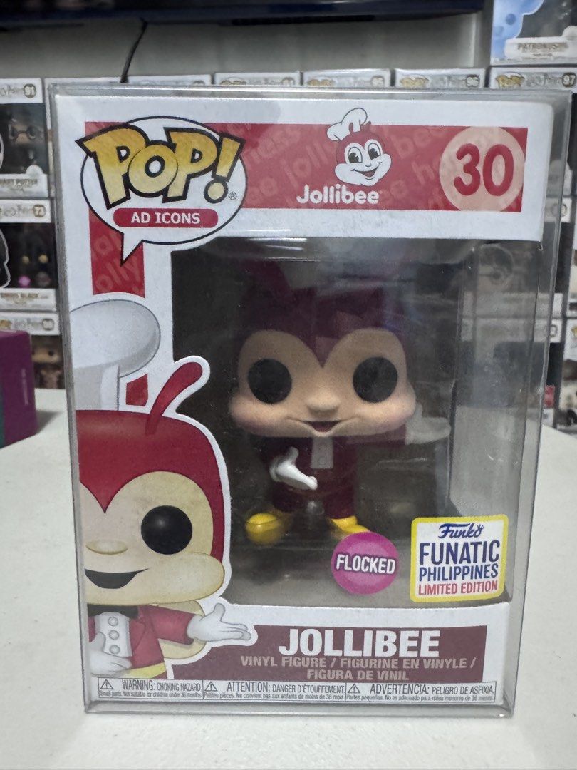 Funko Pop! Ad Icons Jollibee Flocked (Category: Designer & Blind Box Toys) located in Marikina City. Submitted by jaymspj (Listing ID 1429878848, Image 1). Description: Funko Pop! Ad Icons Jollibee figure. It is a Funatic Philippines Limited Edition. The figure is of Jollibee wearing his chef's hat and uniform. The box has the Funko Pop! logo and the Jollibee logo. The figure is number 30 in the series. The box is still sealed..