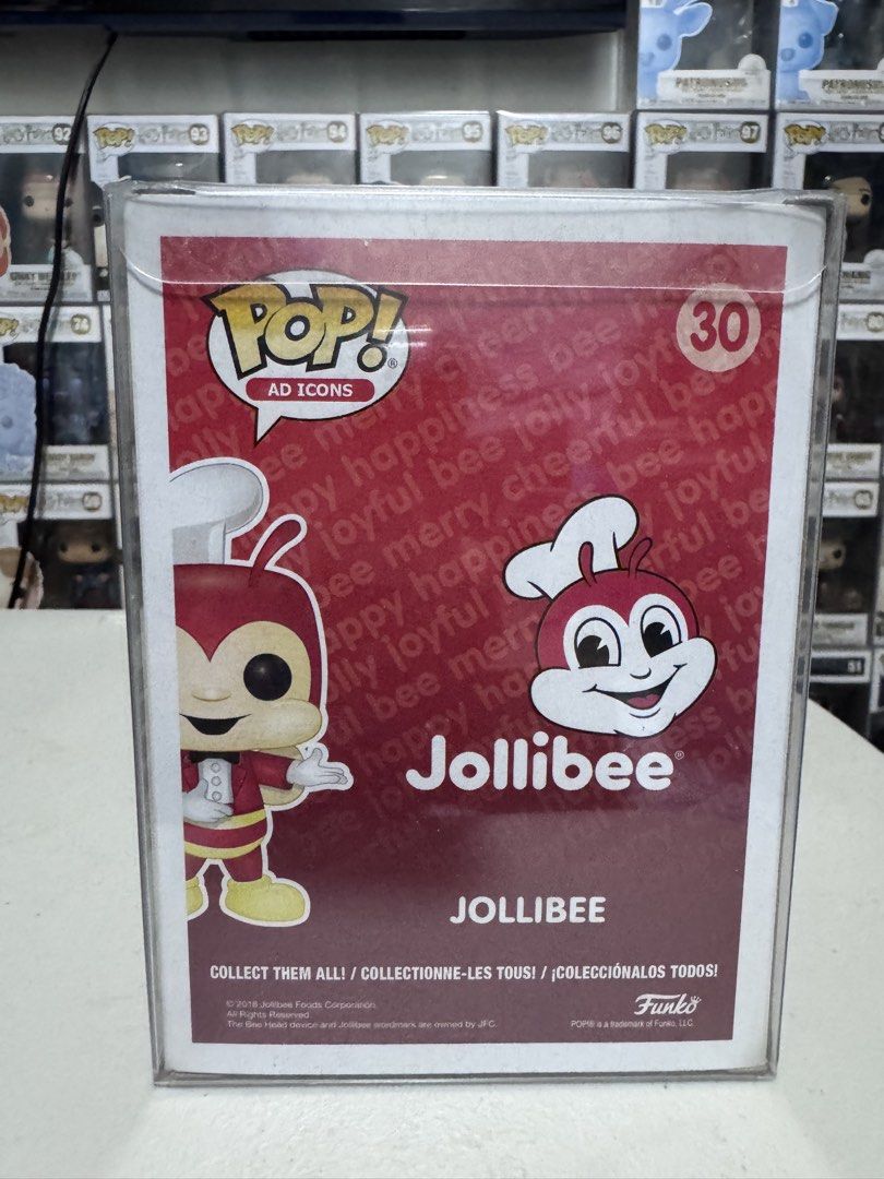 Funko Pop! Ad Icons Jollibee Flocked (Category: Designer & Blind Box Toys) located in Marikina City. Submitted by jaymspj (Listing ID 1429878848, Image 3). Description: Funko Pop! Ad Icons Jollibee figure. It is a Funatic Philippines Limited Edition. The figure is of Jollibee wearing his chef's hat and uniform. The box has the Funko Pop! logo and the Jollibee logo. The figure is number 30 in the series. The box is still sealed..