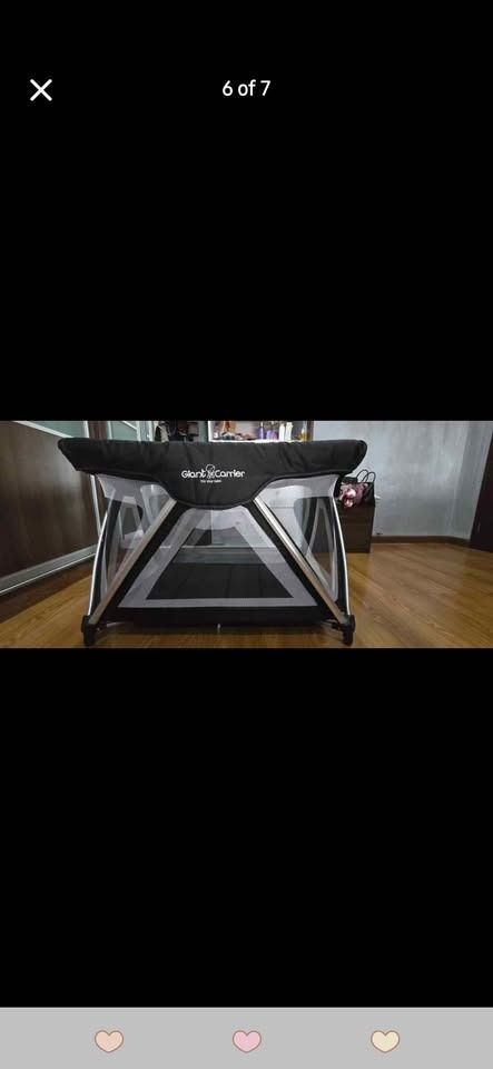 Giant Carrier Crib type Playpen (Category: Infant Playtime) located in San Juan City. Submitted by wilomarket (Listing ID 1429985793, Image 3). Description: Giant Carrier Geoffrey Playpen Color: Black Dimensions: 105 L x 74 W x 72 H (cm) Complete with Mosquito net & Changing Mat. Shipping c/o Buyer.