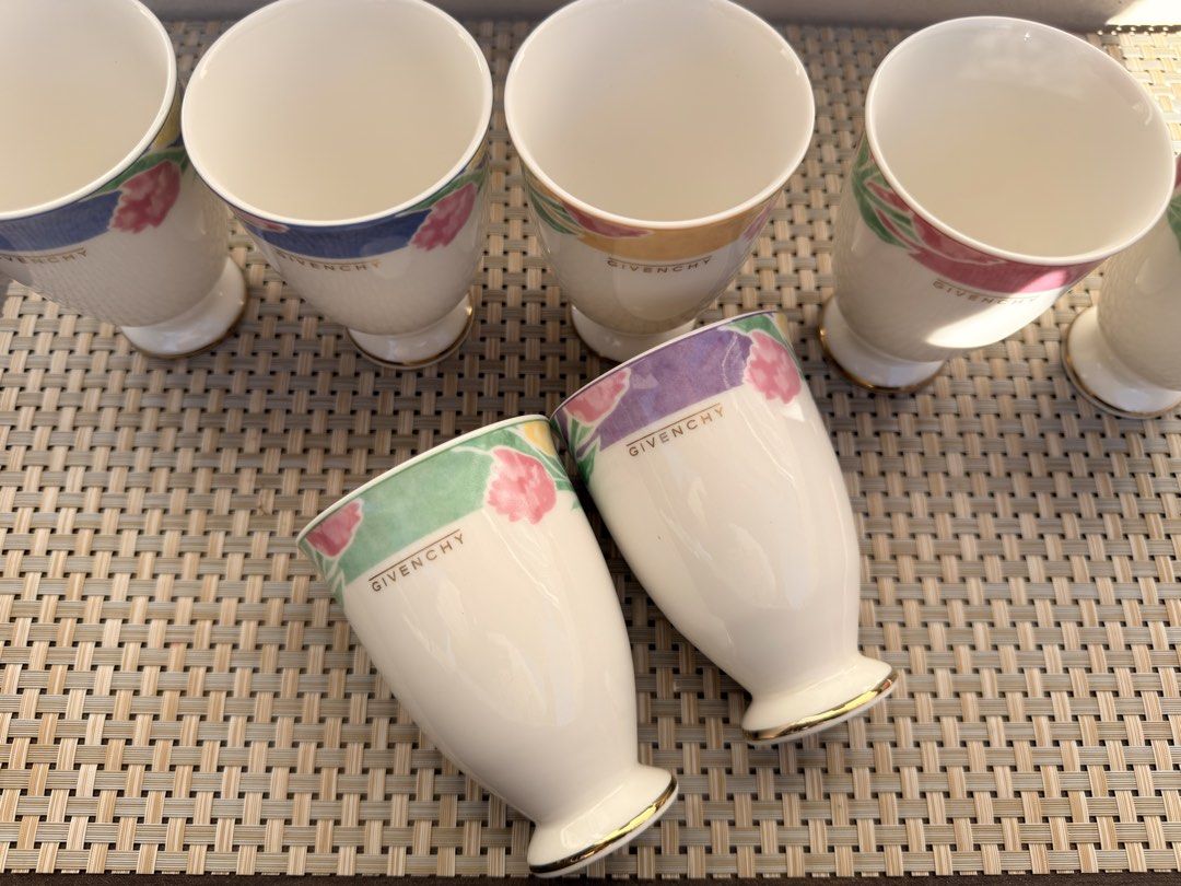 Givenchy Floral Design Footed Cups (Category: Coffee & Tea Tableware) located in Bulacan. Submitted by fancy.surplusera (Listing ID 1429883570, Image 1). Description: Set of Givenchy cups featuring a floral design with beverage cups. Condition: 9/10 Size: 7.3cm x 100 Price sold per piece. .