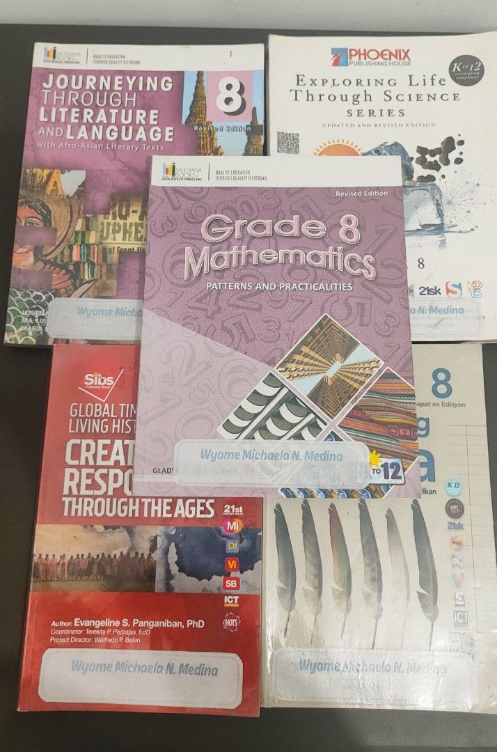 Grade 8 Textbooks - Literature, Science, Mathematics, History (Category: Textbooks) located in Cavite. Submitted by mythingee (Listing ID 1429952741, Image 1). Description: Set of Grade 8 textbooks covering Literature, Science, Mathematics, and History. Includes "Journeying Through Literature and Language", "Exploring Life Through Science Series", "Grade 8 Mathematics", and "Global Times Living History". Perfect for students needing these specifi