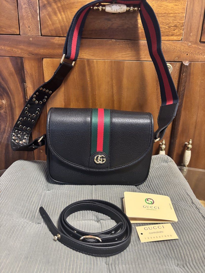 Gucci crossbody leather bag (Category: Luxury Bags & Wallets) located in Imus. Submitted by bagsofblessings24 (Listing ID 1429876179, Image 1). Description: Preloved Gucci medium leather bag With guitar and leather straps With control and warranty cards Excellent condition and quality Coded Guaranteed original by supplier but still for buyer’s authentication. No authenticity certificate that is why selling low. Length 9in x Height 6.5 in x Bottom