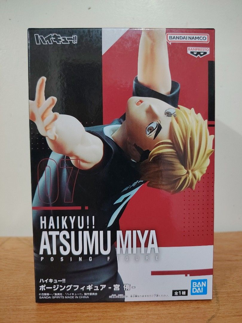 Haikyu!! Atsumu Miya Posing Figure (Category: Figurines & Statues) located in Pasig City. Submitted by cjusoniv (Listing ID 1429855104, Image 1). Description: Haikyu! Atsumu Miya posing figure. It is manufactured by Bandai Namco. The figure is in its original packaging. The box features Atsumu Miya in a dynamic pose. The figure is a collectible item for fans of the Haikyu! series. FOR PICKUP Urban Deca Homes ortigas.