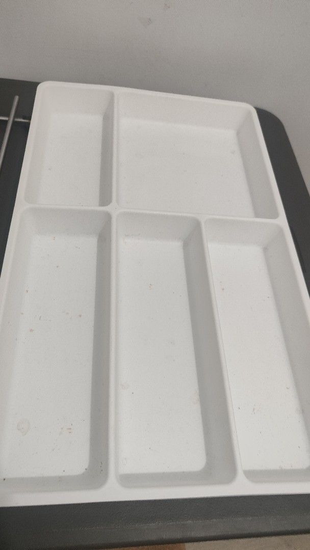 Ikea Kitchen organizer and Dish Rack (Category: Other Kitchenware & Tableware) located in Cavite. Submitted by mythingee (Listing ID 1429963455, Image 1). Description: - Ikea Almhult kitchen organizer. - White color. - Designed for kitchen drawers. - Helps organize utensils and cutlery. - Simple and clean design. -Stainless steel dish rack (well used).