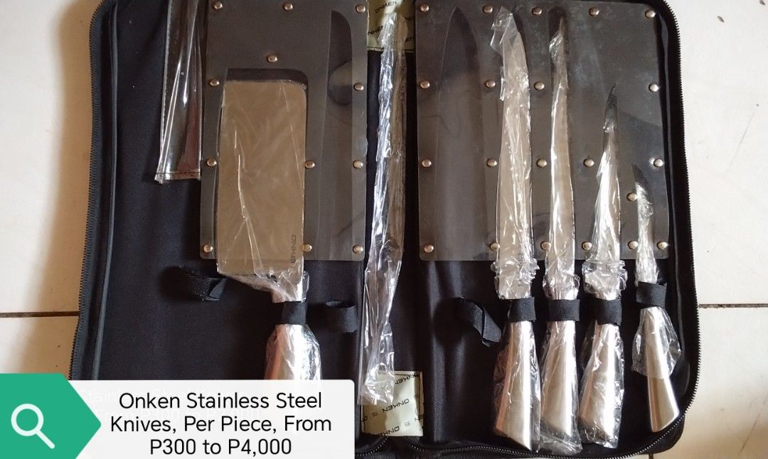 Onken Stainless Steel Knife Set (Category: Knives & Chopping Boards) located in Quezon City. Submitted by miss_cushie (Listing ID 1429865256, Image 1). Description: Onken stainless steel knife set. Includes multiple knives of varying sizes, all individually wrapped. Comes in a black carrying case. Price per piece ranges from P300 to P4,000. Price is negotiable..