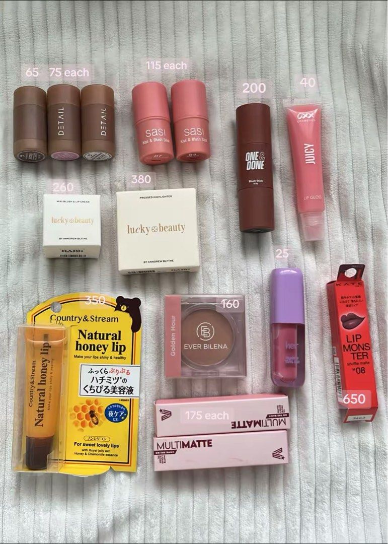 PRELOVED MAKEUP SALE (Category: Makeup) located in Manila. Submitted by cuteeebunnies27 (Listing ID 1429893044, Image 2). Description: ‼️ shades and prices are provided in photos mop: gcash mod: lalamove or j&t (ship depending pn my availability) loca: qc diliman ❌ NOT AVAIL: oxx lip, her lip, detail haze, eb golden hour, vice co one&done everything is brand new or swatched only! chat me for more details regarding an item. KEYWORDS: blush, lipglo