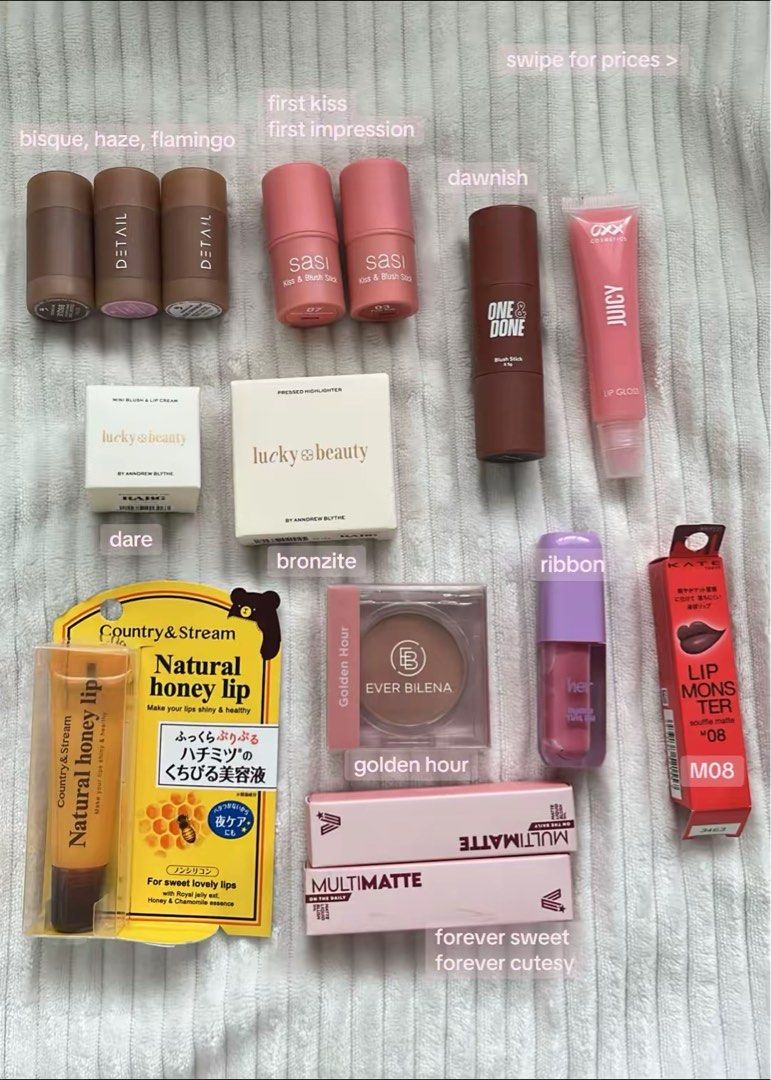PRELOVED MAKEUP SALE (Category: Makeup) located in Manila. Submitted by cuteeebunnies27 (Listing ID 1429893044, Image 3). Description: ‼️ shades and prices are provided in photos mop: gcash mod: lalamove or j&t (ship depending pn my availability) loca: qc diliman ❌ NOT AVAIL: oxx lip, her lip, detail haze, eb golden hour, vice co one&done everything is brand new or swatched only! chat me for more details regarding an item. KEYWORDS: blush, lipglo