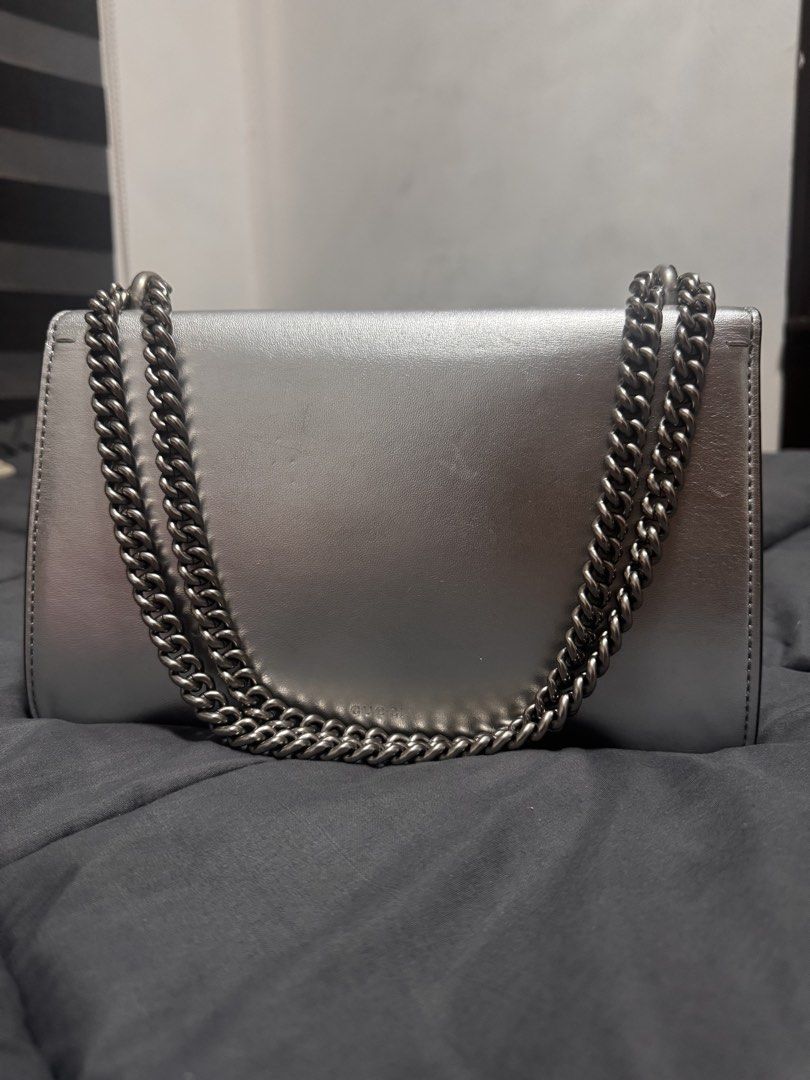 RARE Gucci Dionysus Silver Small Bag | LegitGrails Authenticated (Category: Luxury Bags & Wallets) located in Imus. Submitted by velvetboutique (Listing ID 1429839528, Image 2). Description: Authentic Gucci Dionysus Small shoulder bag in metallic silver leather, finished with the iconic tiger head closure and palladium hardware. A statement piece from the Alessandro Michele era. Authenticated by LegitGrails (digital certificate available). No box