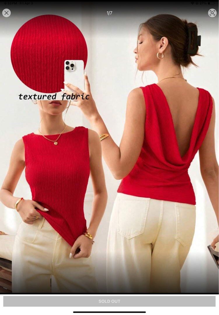 Red Textured Backless Top (Category: Sleeveless) located in Bacolod City. Submitted by girlydecluttering (Listing ID 1429943101, Image 1). Description: Red top features a textured fabric and a unique backless design. It has a boat neckline in the front and a draped cowl back. It is a vibrant red color and suitable for various occasions..