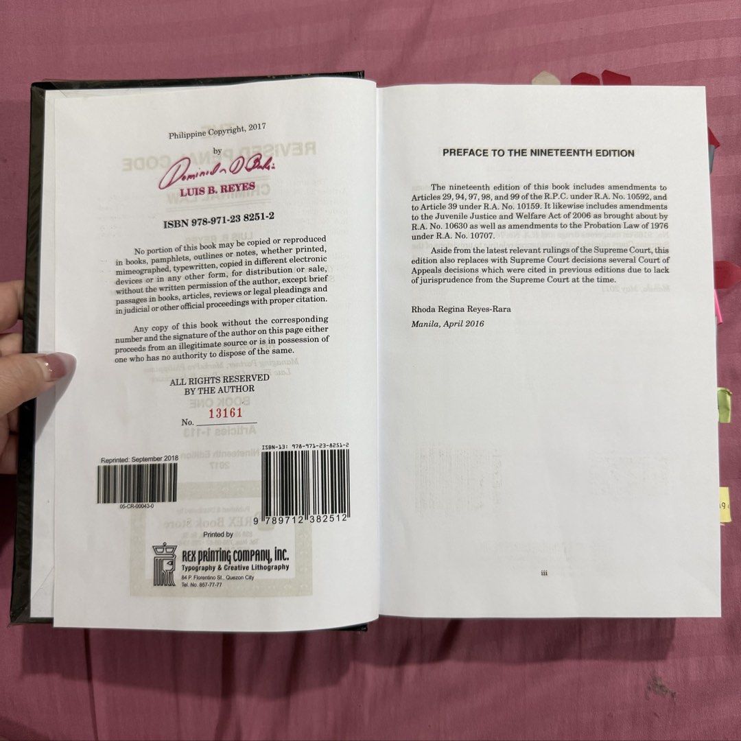 Revised Penal Code by Luis B. Reyes 2017 (Category: Textbooks) located in Quezon City. Submitted by leynamie (Listing ID 1429956949, Image 2). Description: - no engraving rfs: decluttering & passed the bar already.