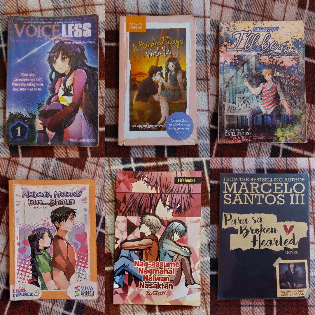 Romance Pocket Books (Category: Storybooks) located in Quezon City. Submitted by declutterbyyve (Listing ID 1429868777, Image 1). Description: 1. Voiceless - ₱150 2. A Hundred Days With You - ₱150 3. I'll be... with your forever - ₱150 4. Nobody, nobody... but Shaun - ₱130 5. Nag-assume, nagmahal, nasaktan, naiwan - ₱120 6. Marcelo Santos Books - ₱100 each 📍What you see is what you get. 📍Feel free to message me if you have any questions..