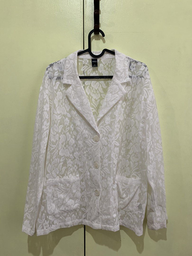 SHEIN FRIFUL White Sheer Lace Blazer XL (Category: Coats, Jackets and Outerwear) located in Taguig. Submitted by kxtrxnxxxx (Listing ID 1429945008, Image 1). Description: - RFS: Not using it anymore - Used only once - NO photo when worn - SHEIN Friful XL 📏Measurements - INCHES (when laid flat): Length: 23” Shoulder width: 19.5” Body width: 21.5” Sleeve length: 20.5” Armhole: 9” ‼️‼️ READ FIRST ‼️‼️ 📦 Delivery within Metro Manila ONLY ⏰ 24-hour 