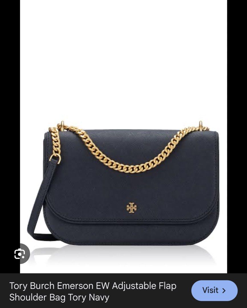 Tory Burch Emerson EW Adjustable Flap Shoulder Bag (Category: Luxury Bags & Wallets) located in Quezon City. Submitted by chibichuckie (Listing ID 1429996055, Image 1). Description: Tory Burch shoulder bag features a gold chain strap and a flap closure. The interior has a zippered pocket. Unused but with no tag. No flaws/stains/dents.