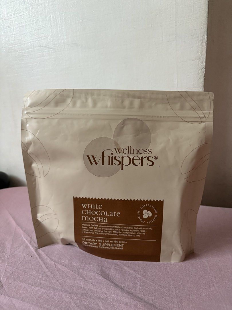 Wellness Whispers White Chocolate Mocha (Category: Health Food, Drinks & Tonics) located in Pasay City. Submitted by declutterwithme_27 (Listing ID 1429982735, Image 1). Description: NEW-sealed wellness whispers white chocolate mocha rfs: i dont drink coffee anymore hehe srp: Php 469 selling price: 300.
