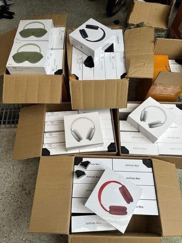 Apple AirPods Max - Various Colors (Category: Headphones & Headsets) located in Angeles City. Submitted by measaliman02351 (Listing ID 1435304542, Image 3). Description: Apple AirPods Max headphones available in multiple colors. The images show the headphones in their original packaging. Colors include silver, space gray, sky blue, pink, and green. The headphones come with a carrying case. Multiple units are available..