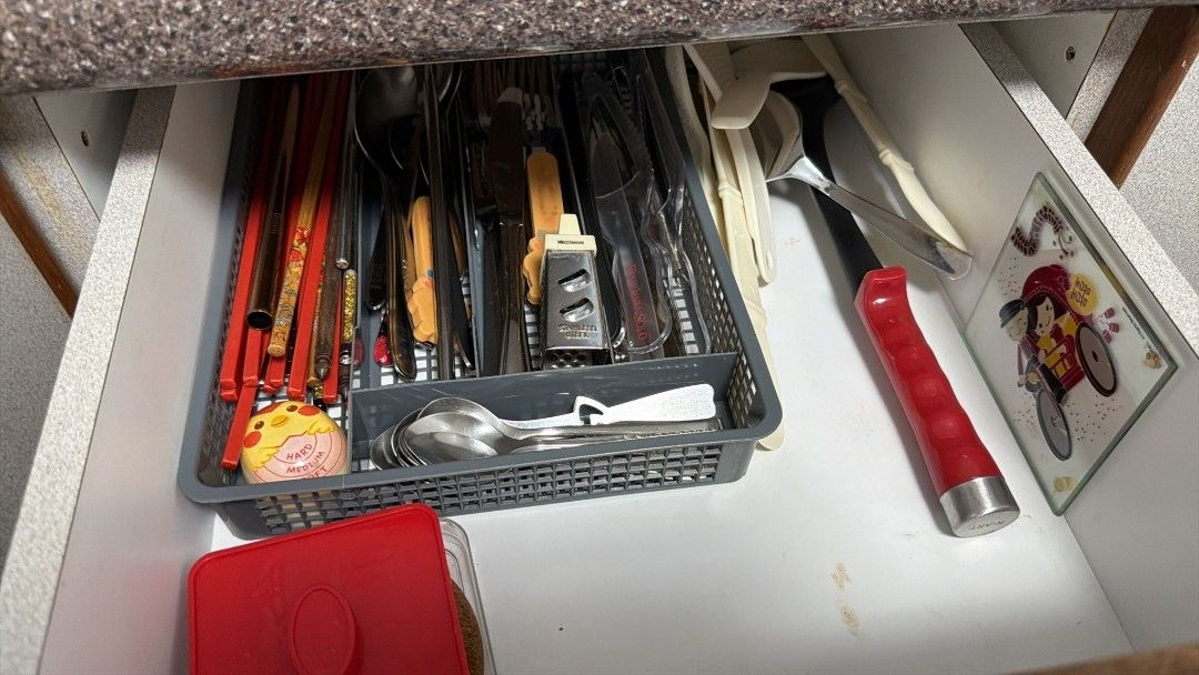 Assorted Kitchen Utensils, Plates, Bowls, and Cookware