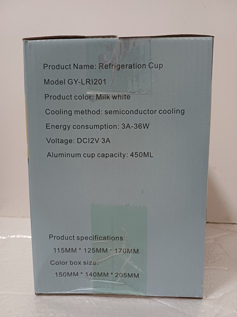 Auno Refrigeration Cup GY-LR1201 (Category: Coffee & Tea Tableware) located in Las Pinas. Submitted by thehmdshop (Listing ID 1435220205, Image 2). Description: Auno Refrigeration Cup in milk white color. Model GY-LR1201. It uses semiconductor cooling and has an energy consumption of 3A-36W. It operates on DC12V 3A and has an aluminum cup capacity of 450ML. Product specifications are 115mm * 125mm * 170mm. Color box size is 150mm * 140mm * 205mm.
