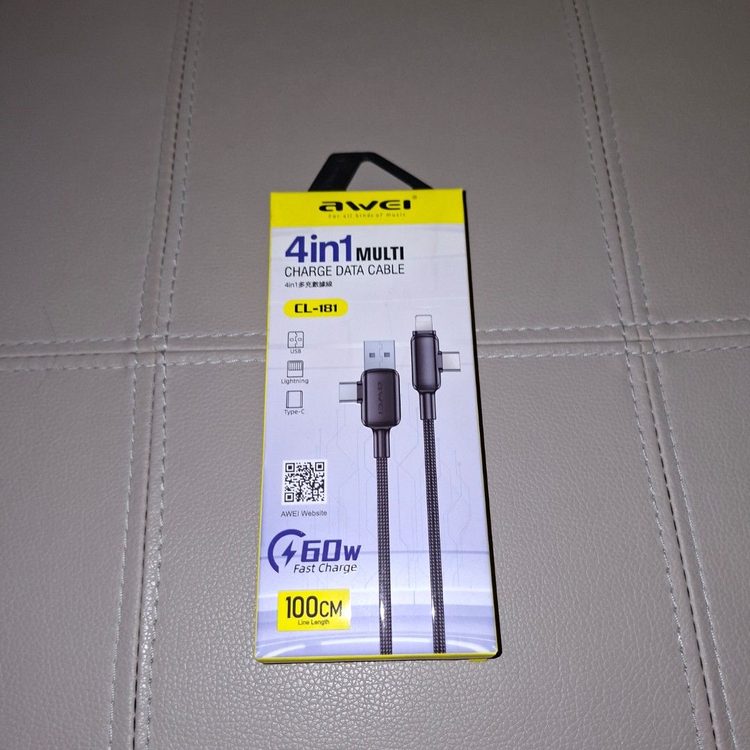 Awei usb type c type a lightning cable 4 in 1 (Category: Chargers & Cables) located in Pasig City. Submitted by last_price_posted (Listing ID 1435274256, Image 3). Description: This is available as long as this is posted/visible listing. You may message me with the answer to the following questions once you are fully decided to purchase, should you need further thinking and canvassing you may just save the listing for future reference. 1. Will yo