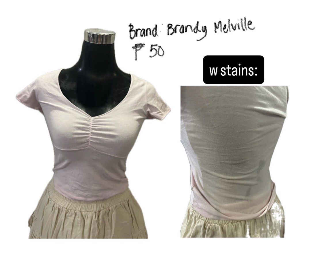 Brandy Melville (Category: Shirts) located in Tarlac. Submitted by crdavid_ (Listing ID 1435261919, Image 1). Description: - Brand: Brandy Melville - Size: S - Color: Light Pink - Design: Ruched front, V-neck - Issue: with stains .