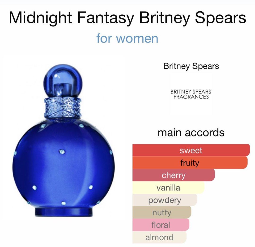 Britney Spears Midnight Fantasy EDP Perfume 100mL (Category: Fragrance & Deodorants) located in Manila. Submitted by yoshiminz (Listing ID 1435285685, Image 2). Description: - super bango as in i get a lot of compliments whenever i use it ! - US bought - threw out the box na it got damaged nung pinadala 🥲 - rfs: i have another one pa - swipe to see top notes and main accords - Sweet and fruity fragrance. - Key notes: Cherry, vanilla, and floral.