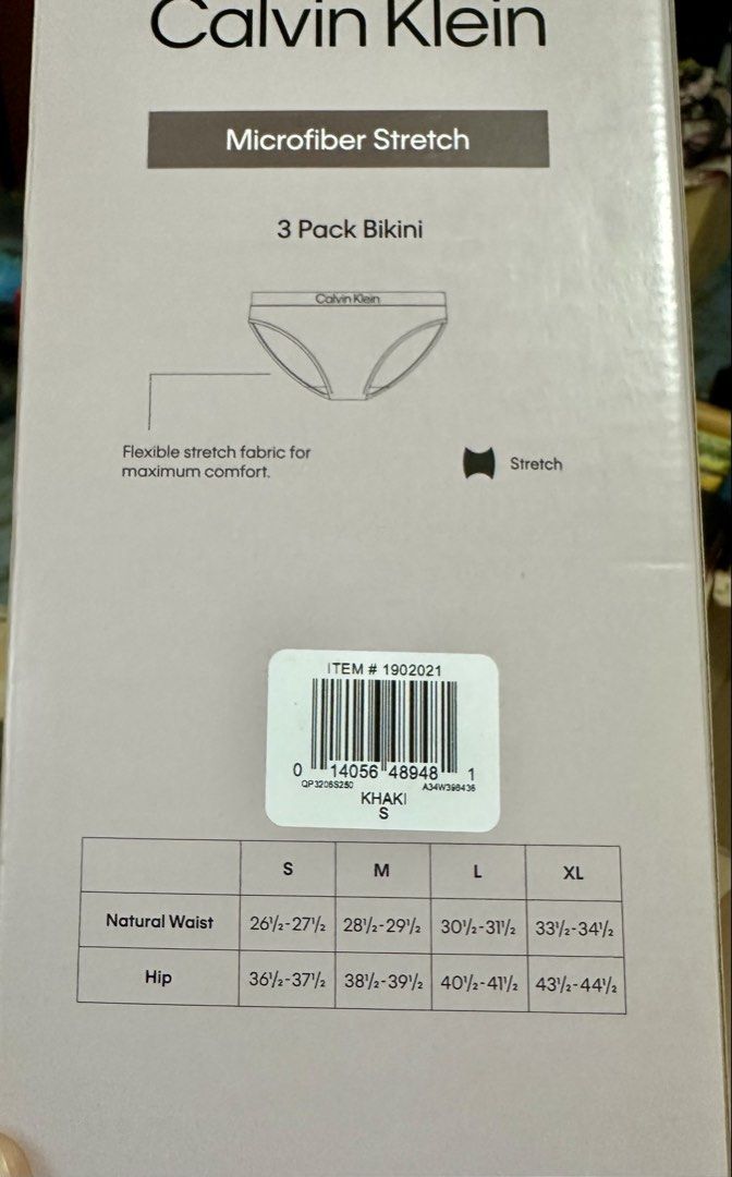 Calvin Klein 3 Pack Bikini Underwear - Size S (Category: Undergarments & Loungewear) located in San Pedro. Submitted by mysticdog_8deb08 (Listing ID 1435219566, Image 2). Description: New Calvin Klein 3-pack bikini underwear. Features a microfiber stretch fabric for maximum comfort. The package includes three pairs of underwear in different colors. Size S. Natural waist: 26 1/2 - 27 1/2 inches. Hip: 36 1/2 - 37 1/2 inches. 1,400 for 3 pairs Pink 