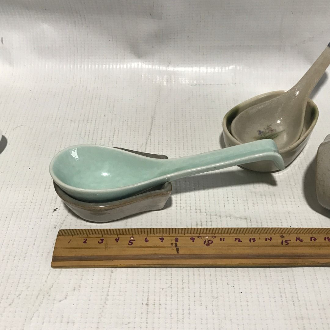 Ceramic Spoon and Rest Set #4592 (Category: Dinnerware & Cutlery) located in Malabon City. Submitted by mldg.surplus (Listing ID 1435263642, Image 2). Description: - Set includes 3 ceramic spoons and matching rests. - Colors: light green, beige, and beige with blue handle. - Curved design for comfortable use. - Perfect for serving soups and other dishes. MLDG Surplus Reminder: •Expect minimal flaws such as stain, lint, scratches etc. •No reservat