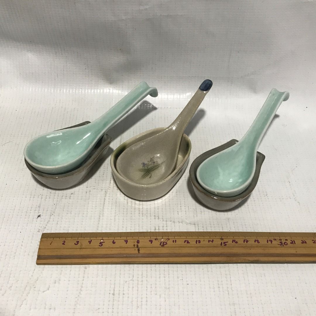 Ceramic Spoon and Rest Set #4592 (Category: Dinnerware & Cutlery) located in Malabon City. Submitted by mldg.surplus (Listing ID 1435263642, Image 1). Description: - Set includes 3 ceramic spoons and matching rests. - Colors: light green, beige, and beige with blue handle. - Curved design for comfortable use. - Perfect for serving soups and other dishes. MLDG Surplus Reminder: •Expect minimal flaws such as stain, lint, scratches etc. •No reservat