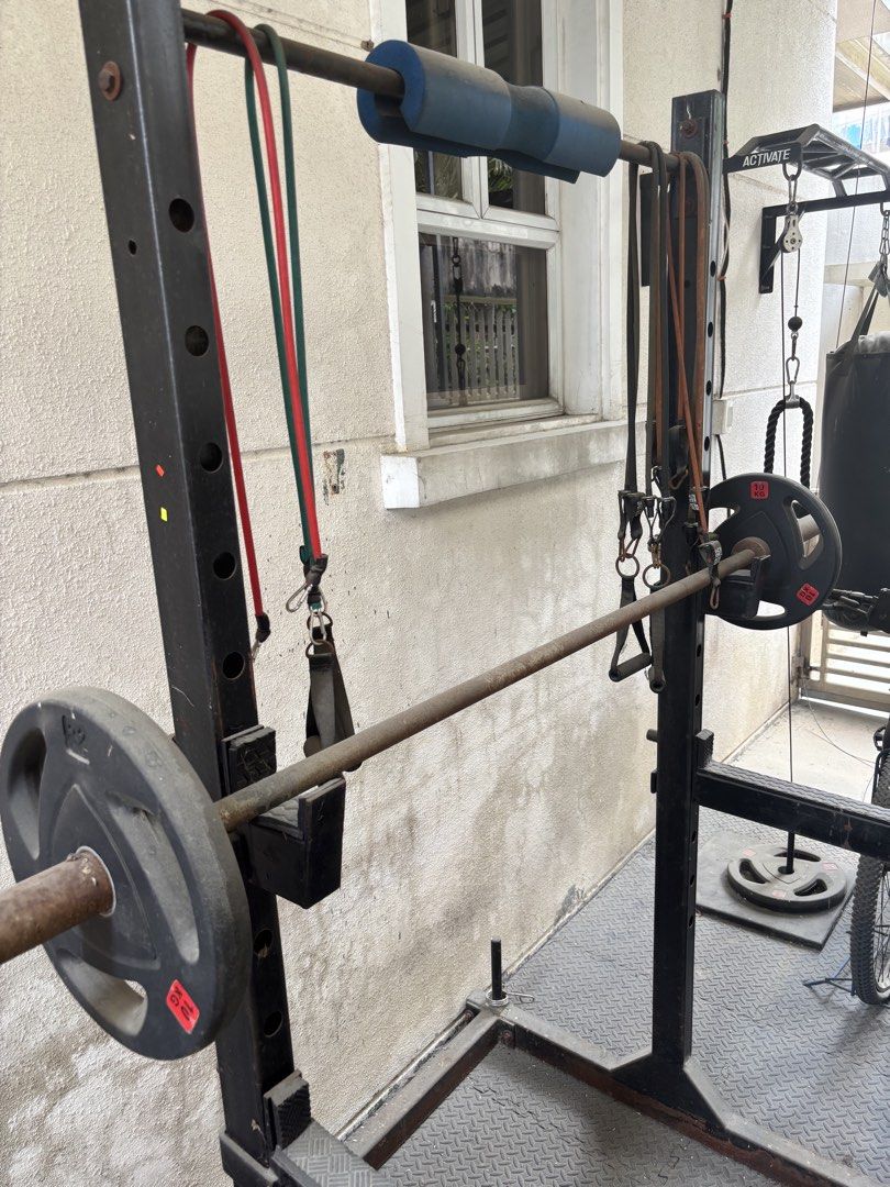 Complete home gym equipment (sold as set) (Category: Weights & Dumbbells) located in Quezon City. Submitted by glc157 (Listing ID 1435208556, Image 1). Description: Complete home gym equipment Steal price, just need cleaning (price is negotiable) RFS: barely used anymore Price Includes: Ez curl bar (x1, rusty) Olympic bar 20kg (x1, rusty) Squat rack (x1, rusty) Olympic plates 5kg, 10kg, 15kg (x2 each) Standard plates 2.5kg, 5kg, 10kg, 15kg (x2 ea
