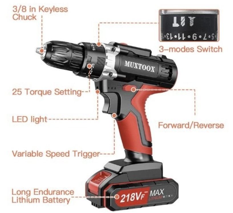 Cordless 21V Multifunctional Impact Drill / Screwdriver / Drill (3 Modes) Drilling on Wall / Steel / Wood