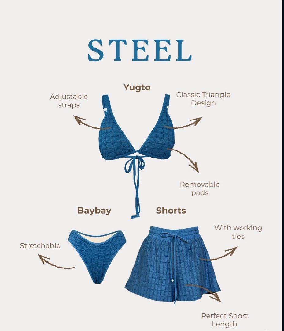 Dear Sea Blue Bikini Set (with shorts) (Category: Bikinis & Swimsuits) located in Mandaluyong City. Submitted by declutter.rs (Listing ID 1435270360, Image 1). Description: Dear Sea Steel (Blue) Yugto Bikini Set with shorts Bikini top is size XS Bikini bottom & shorts is size S used once only .