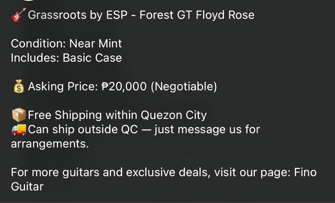 Grassroots by ESP Forest GT Floyd Rose Electric Guitar (Category: Musical Instruments) located in Manila. Submitted by 417170 (Listing ID 1435240890, Image 1). Description: - Grassroots by ESP Forest GT Electric Guitar - Features a Floyd Rose tremolo system - Dark red finish - Rosewood fretboard with dot inlays - Includes a basic case - Free shipping within Quezon City - Shipping available outside Quezon City (arrangements can be made) .