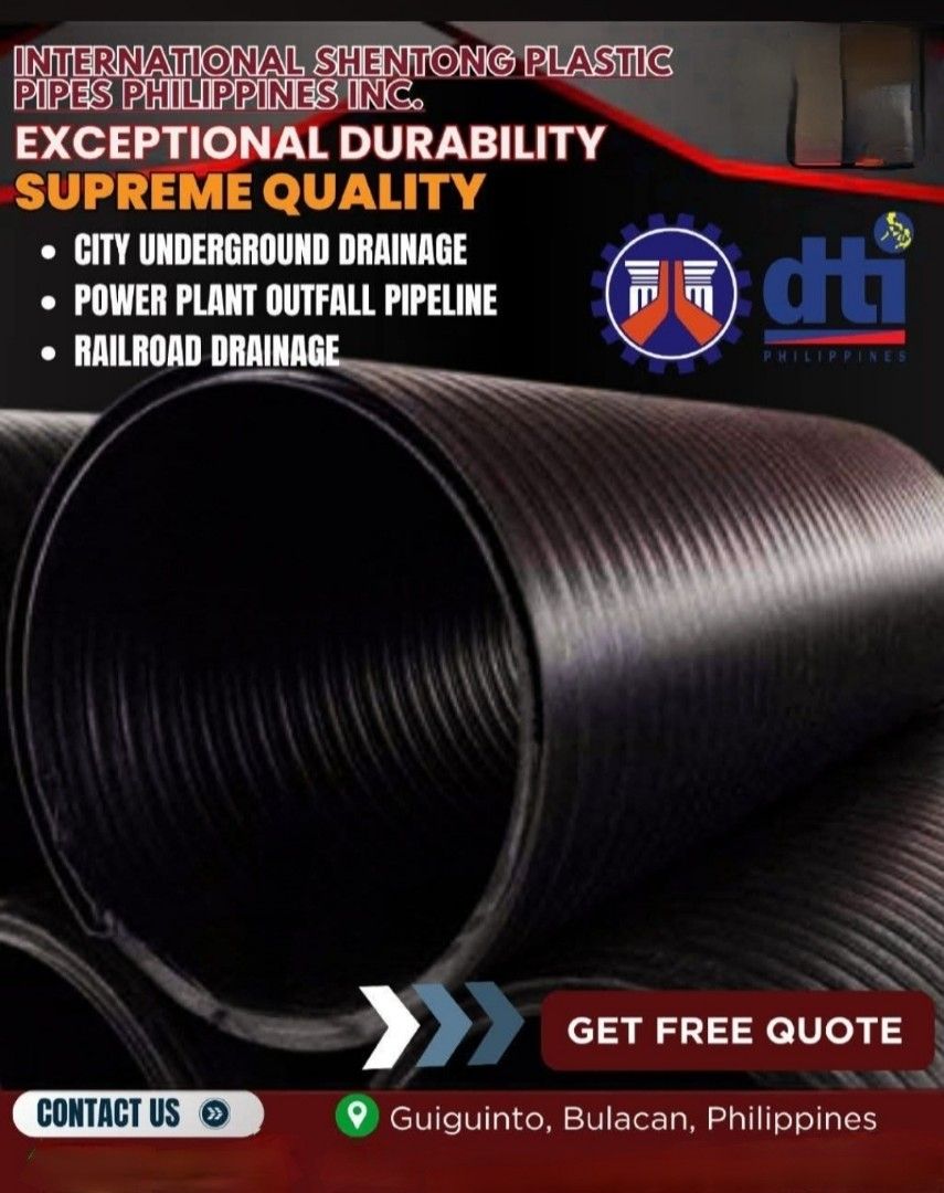 hdpe double wall corrugated pipe (Category: Construction & Building Materials) located in Calauan. Submitted by thor09 (Listing ID 1434384871, Image 1). Description: HDPE Double Wall Corrugated Pipe HDPE Pipe 250mm -2000mm Sewerage Rainwater drainage Ground drainage Domestic drainage (direct manupaturer) Location; guiguinto, bulacan.