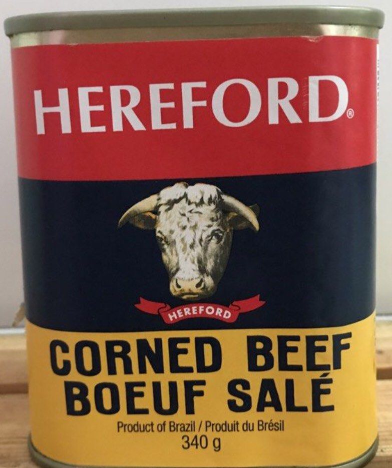 Hereford Corned Beef 340g (Category: Packaged & Instant Food) located in Tabuk. Submitted by qurst (Listing ID 1435280121, Image 1). Description: - Hereford Corned Beef - 340g can - Product of Brazil - Features the Hereford brand - Includes "Boeuf Salé" text.