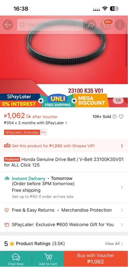 Honda click 125i drive belt (Category: Other Motorcycles Parts and Accessories) located in Quezon City. Submitted by arshypre (Listing ID 1435325679, Image 3). Description: - Genuine Honda drive belt for Click 125i. - brand new - 1290 orig price .