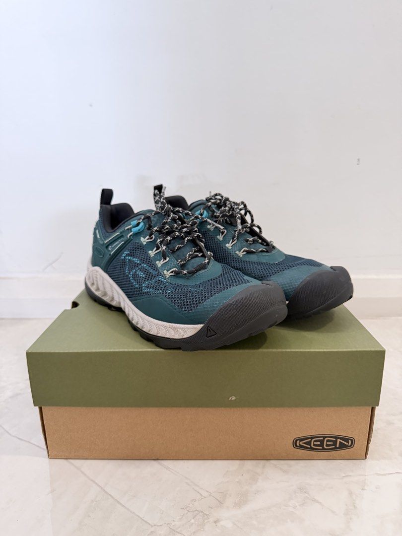 KEEN NXIS EVO WP Women's Hiking Shoes - Sea Moss/Ipanema (Category: Hiking & Camping) located in Singapore. Submitted by jwstuffs (Listing ID 1435217467, Image 1). Description: KEEN NXIS EVO WP hiking shoes in Sea Moss/Ipanema colorway. Women's size 8.5 US / 39 EU / 25.5cm. Comes with original box. Wore once only for hiking trip. KEEN.DRY Technology - A waterproof membrane, keeping your feet feeling dry and comfortable. Breathable Performance Mes
