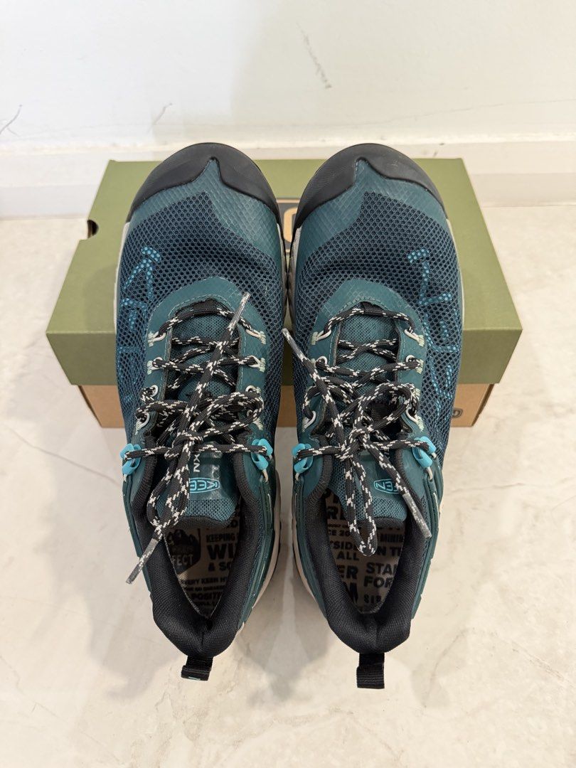 KEEN NXIS EVO WP Women's Hiking Shoes - Sea Moss/Ipanema (Category: Hiking & Camping) located in Singapore. Submitted by jwstuffs (Listing ID 1435217467, Image 3). Description: KEEN NXIS EVO WP hiking shoes in Sea Moss/Ipanema colorway. Women's size 8.5 US / 39 EU / 25.5cm. Comes with original box. Wore once only for hiking trip. KEEN.DRY Technology - A waterproof membrane, keeping your feet feeling dry and comfortable. Breathable Performance Mes