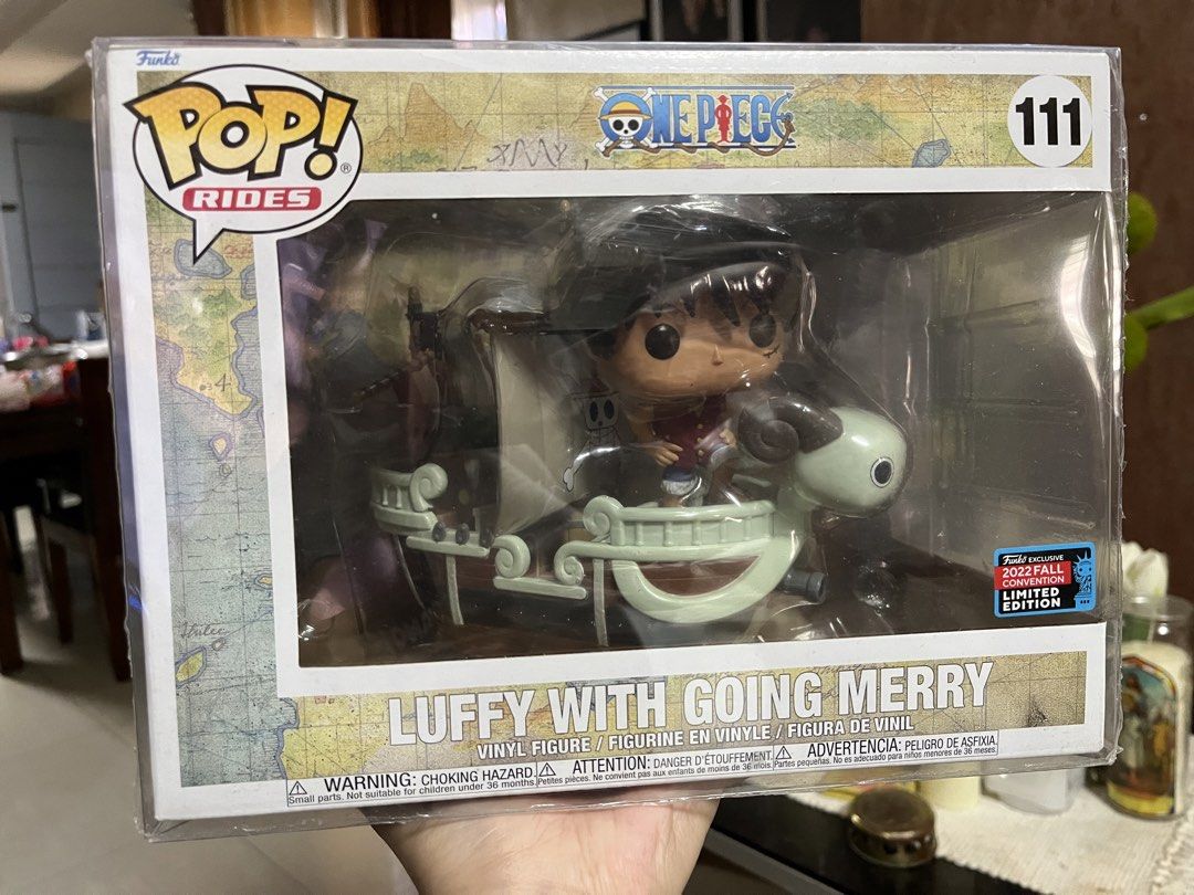 Luffy with Going Merry Funko pop (Category: Designer & Blind Box Toys) located in Pasig City. Submitted by tjrys (Listing ID 1435226346, Image 1). Description: With protector Mint condition, no broken flag.