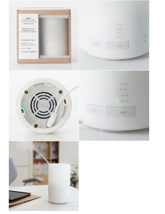 MUJI Aroma Diffuser （分類：家居香薰）位於 Hong Kong。 由 Sumofairy 提交（商品編號 1435229607，圖片 3）。簡介： MUJI Aroma Diffuser. This diffuser uses ultrasonic spray to fragrance the space and provide lighting. It has a continuous use time of approximately 3 hours, with 4 timer settings (180/120/60/30 minutes). It also features an LED light with 2 levels of illumination. 。