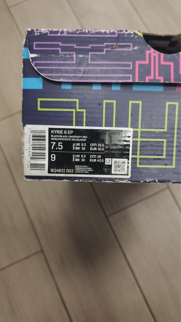 Nike Kyrie 6 EP Black University Red (Category: Sneakers) located in Manila. Submitted by declutteringirliepop (Listing ID 1435277944, Image 2). Description: - Nike Kyrie 6 EP - Color: Black/University Red - Size: US 9, UK 8, EUR 42.5, CM 27.5 - Includes original box - Product code: BQ4631 002 - used twice or thrice only ( natambak ).