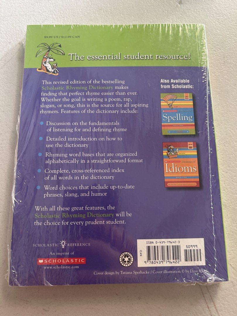 Scholastic Rhyming Dictionary (Category: Children's Books) located in Manila. Submitted by my_blessings (Listing ID 1435230694, Image 2). Description: - Revised Edition with over 1,500 rhymes - Learn the fundamentals of rhyming - Includes a detailed introduction on how to use the dictionary - Rhyming word bases organized alphabetically - Complete, cross-referenced index of all words.