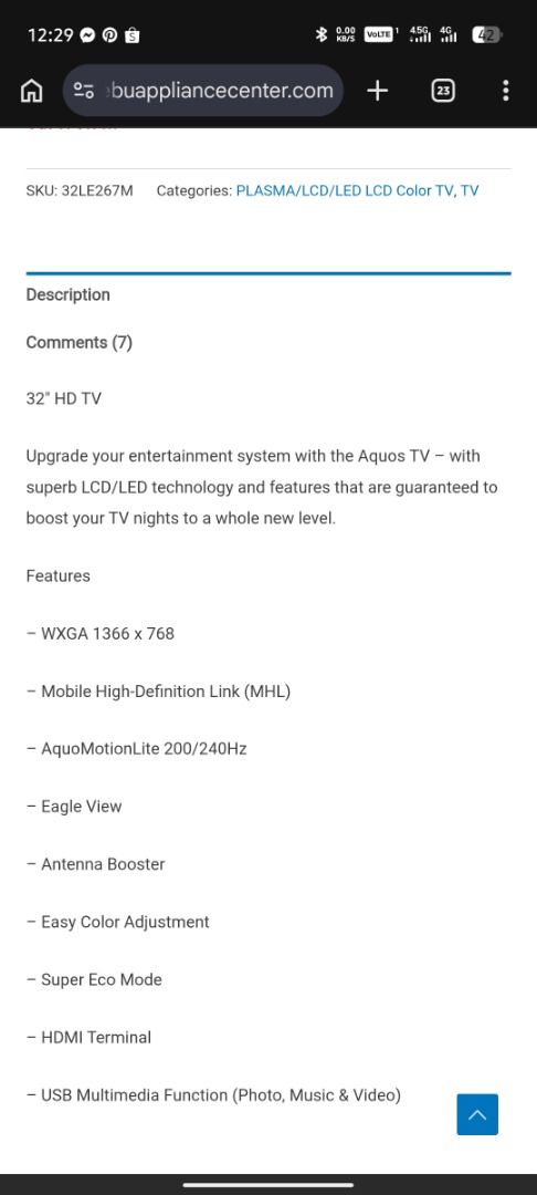 Sharp 32" HD TV (Category: TV) located in Manila. Submitted by edjavier92685 (Listing ID 1435317916, Image 3). Description: - Sharp Aquos 32" HD TV - HD Resolution: WXGA (1366 x 768) - Connectivity: HDMI & USB ports - Features: MHL, AquaMotionLite 200/240Hz - Antenna Booster included - Easy color adjustment - Super Eco Mode for energy saving.